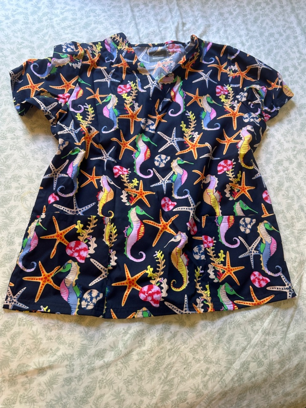 UA: Butter Soft Navy Ocean Life Scrub Top with Colorful Seahorses & Starfish